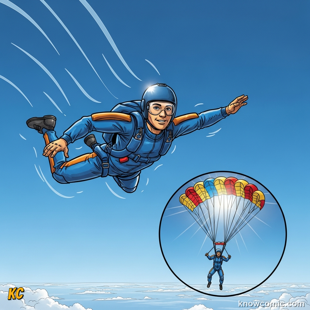 Comic illustration explaining terminal velocity in simple child-friendly language, showing a falling figure with arrows for gravity pulling down and air drag pushing up until they balance