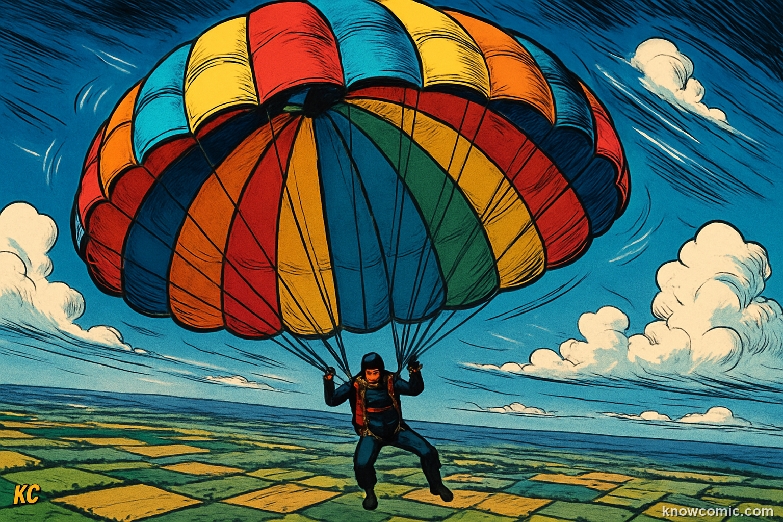 Comic illustration of a skydiver with a wide open parachute canopy, showing how the huge surface area catches enormous amounts of air to create enough drag to slow the fall to a safe landing speed