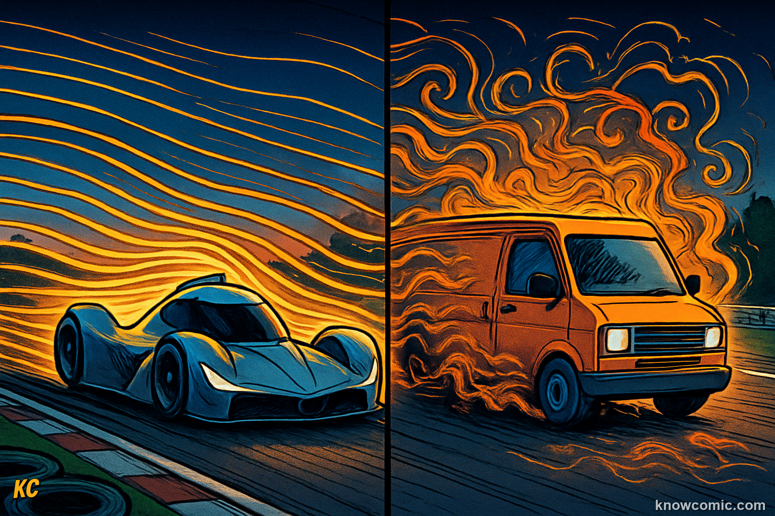 Comic illustration comparing streamlined vehicles — a teardrop-shaped car, a sleek train, and a bird — against a boxy van, showing how smooth shapes reduce air drag by allowing air to flow cleanly around the object