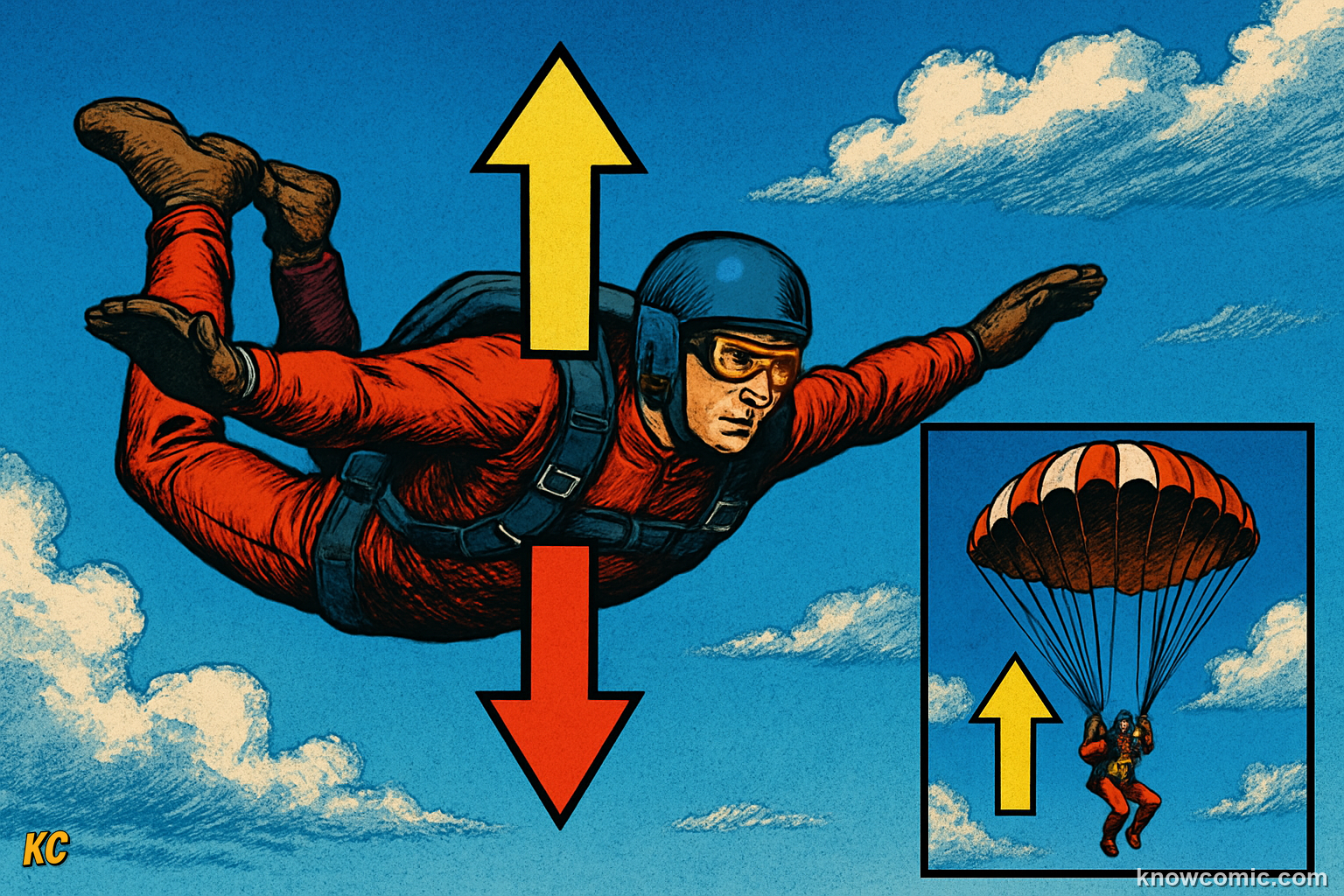 Comic illustration of a skydiver reaching terminal velocity in freefall, showing how drag force grows as speed increases until it balances gravity and the fall speed stops increasing