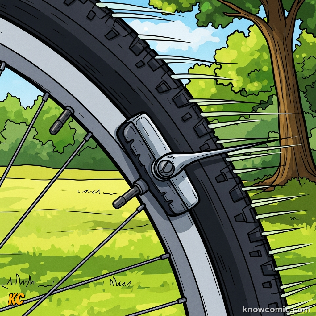 Comic illustration of bicycle brake pads pressing against a wheel rim, showing how friction is deliberately created as a contact force to slow a cyclist safely