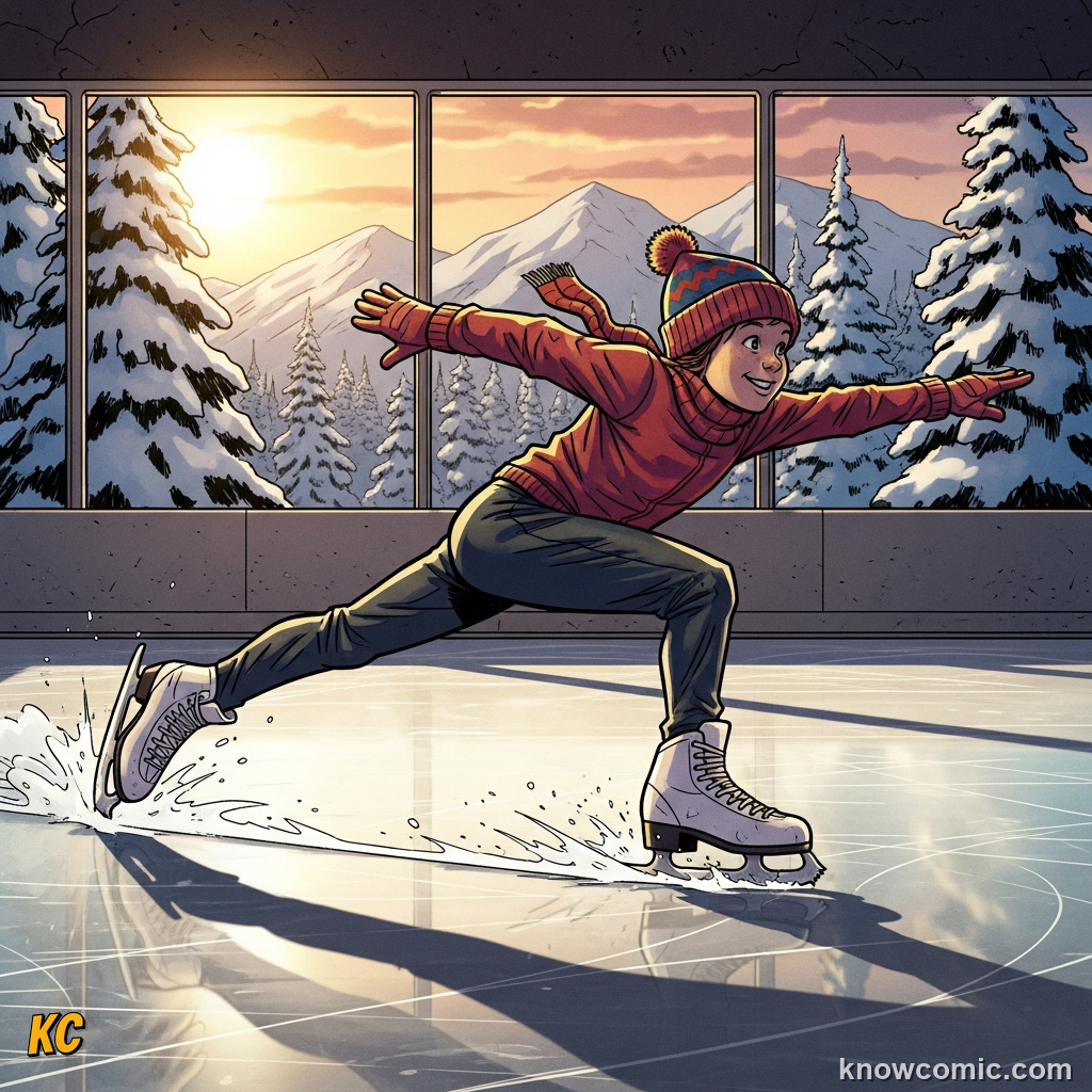 Comic illustration comparing an ice skater gliding on low-friction ice versus a rubber sole gripping a dry road, showing how surface texture changes the amount of friction force