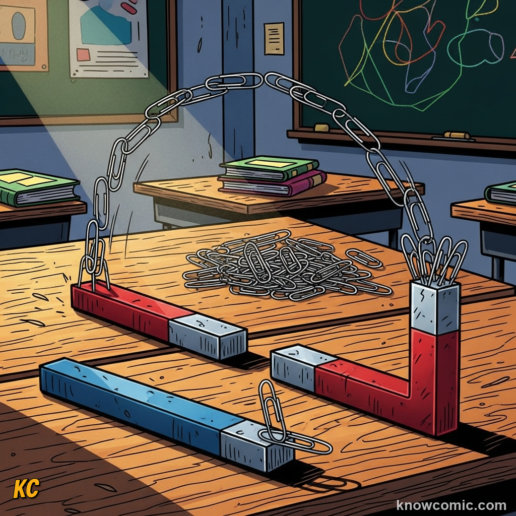 Comic illustration teasing magnets and static electricity as non-contact forces, showing objects attracting or repelling across empty space without touching