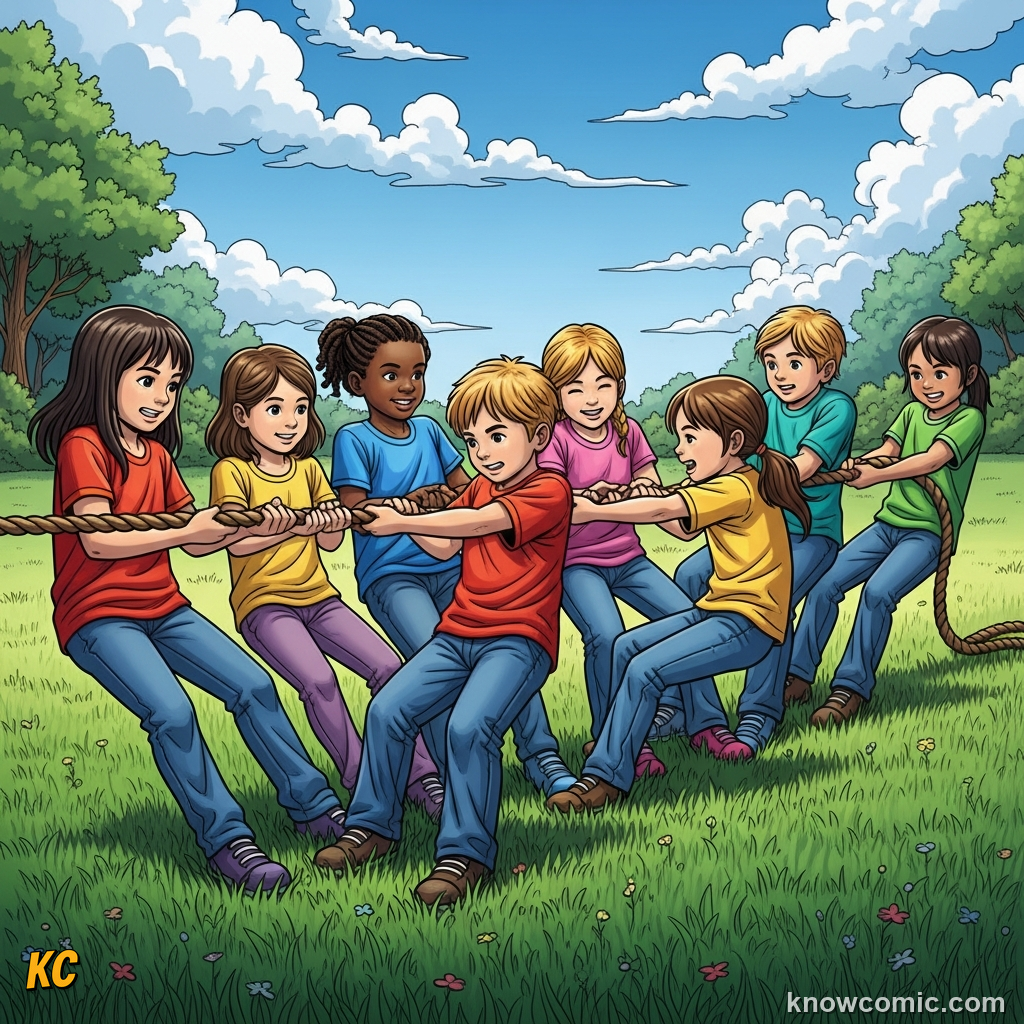 Comic illustration of two teams pulling a rope in a tug-of-war, showing how opposing contact forces act through tension and how the net force determines which side wins