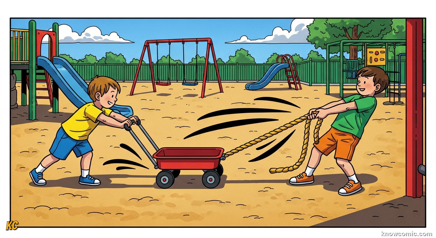 Comic illustration showing a child pushing a cart and pulling a rope, introducing the concept that every force is either a push or a pull with arrows showing the direction of each force