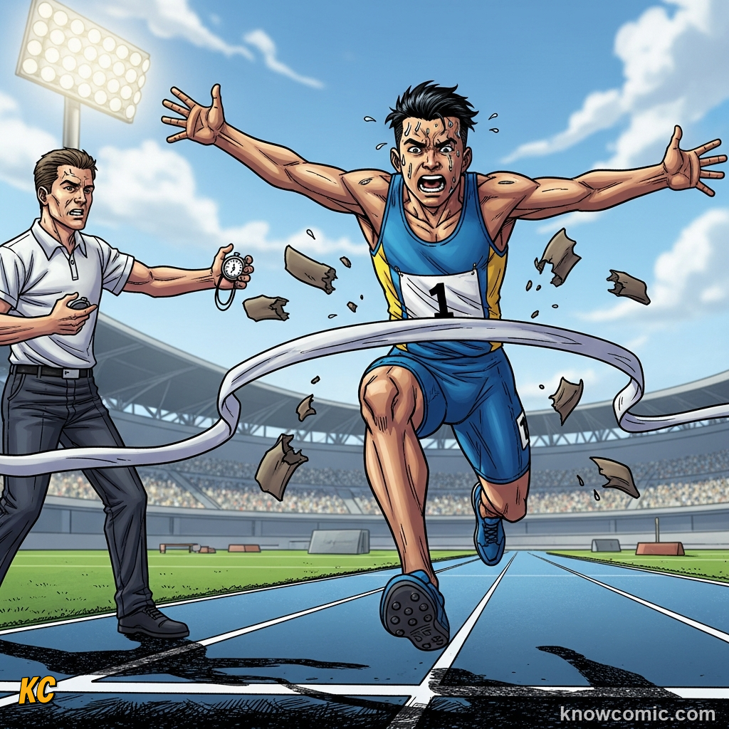Comic illustration of a runner crossing a finish line while a stopwatch measures the time, showing how a short measured track plus a timer gives a first real-world speed calculation