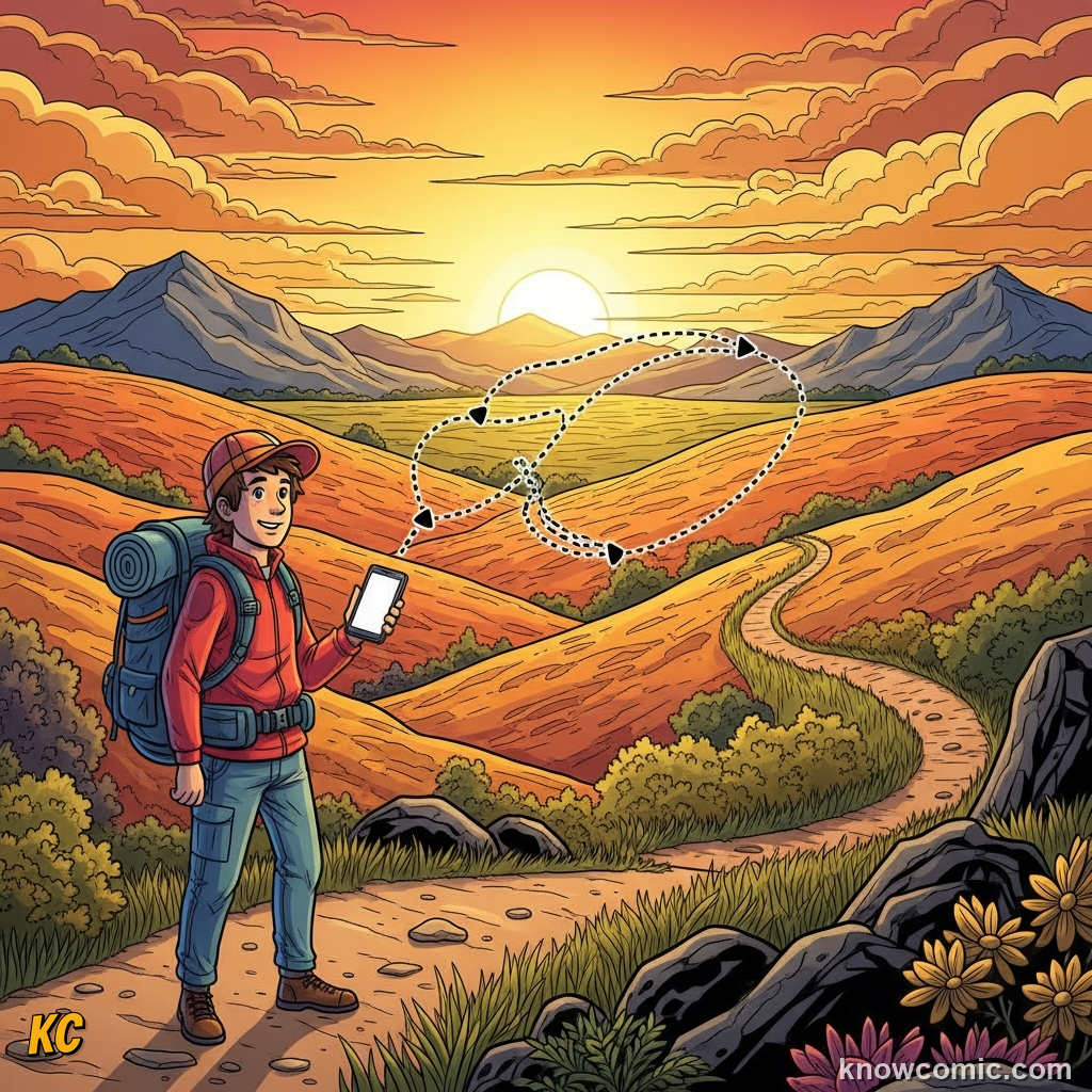 Comic illustration of a hiker on a trail checking GPS speed on their phone, showing that GPS estimates speed by calculating small changes in position over short time intervals — still distance over time at heart