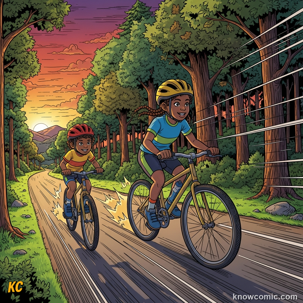 Comic illustration of two children racing bikes over 100 metres, showing how the same distance in less time means a faster speed — time as the fair tiebreaker