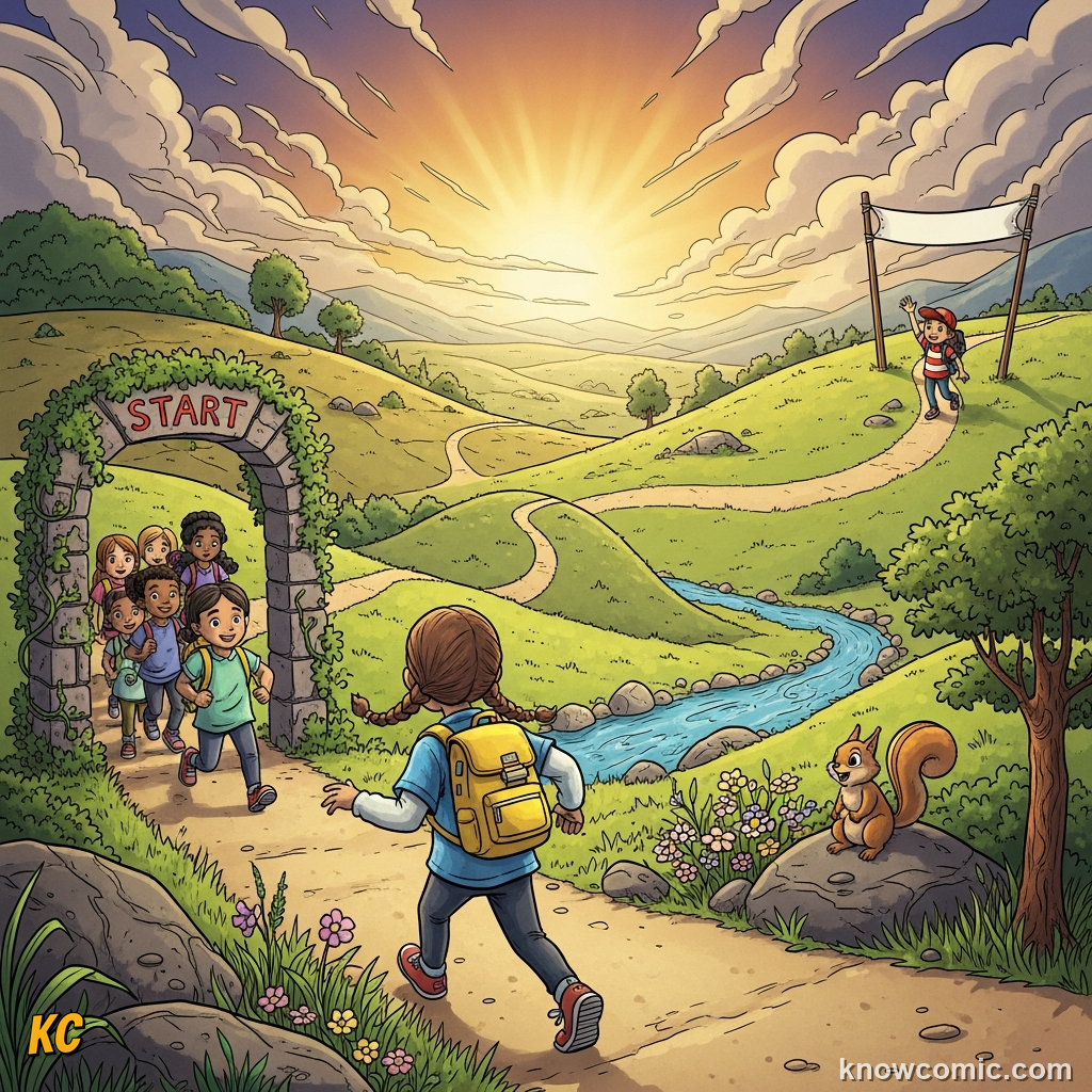 Comic illustration explaining average speed using a child's journey — total distance divided by total time — showing the result is fair even if they stopped for a juice break along the way
