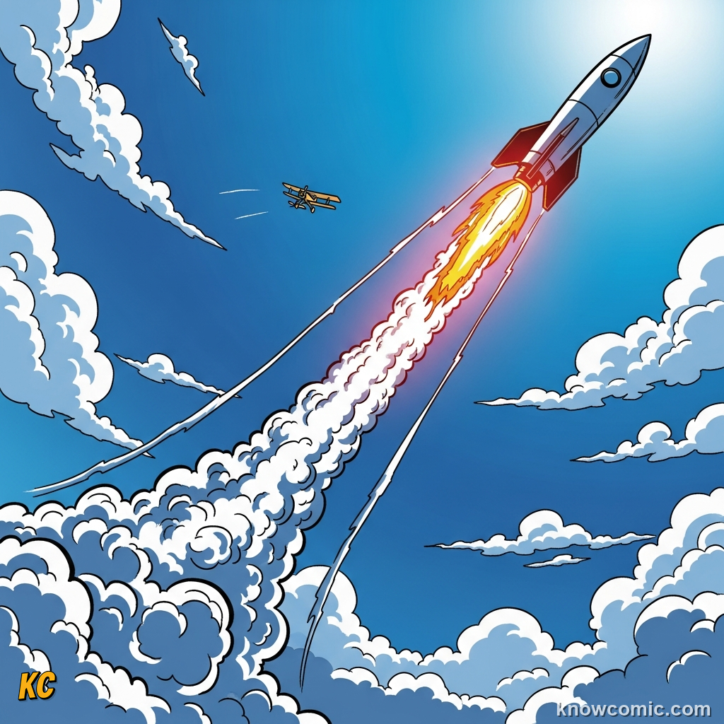 Comic illustration of a rocket or jet aircraft leaving a trail across the sky, showing that planes and rockets operate on a much larger speed scale than bikes but follow the same distance-divided-by-time formula