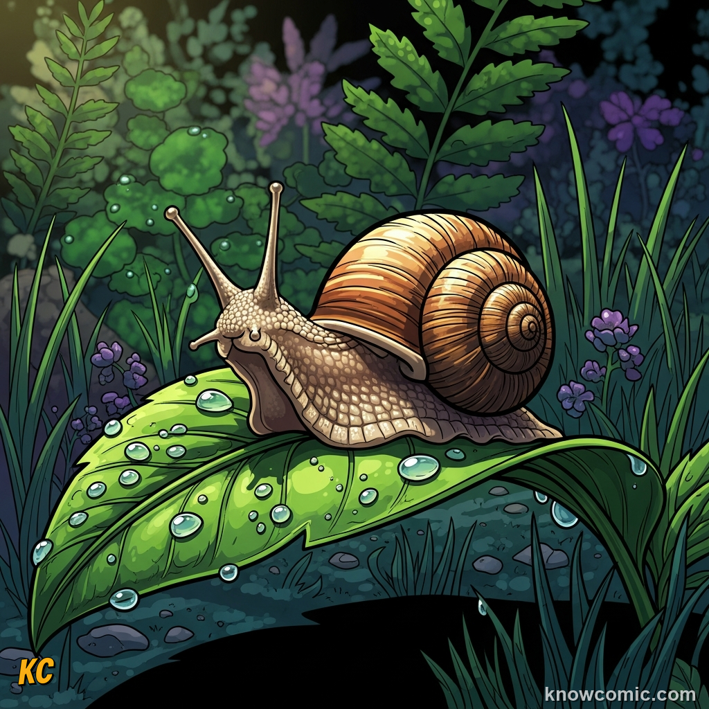 Comic illustration of a snail moving slowly through a garden, representing the low end of the speed scale — a tiny distance covered per minute, perfect for showing that speed = distance divided by time at any scale
