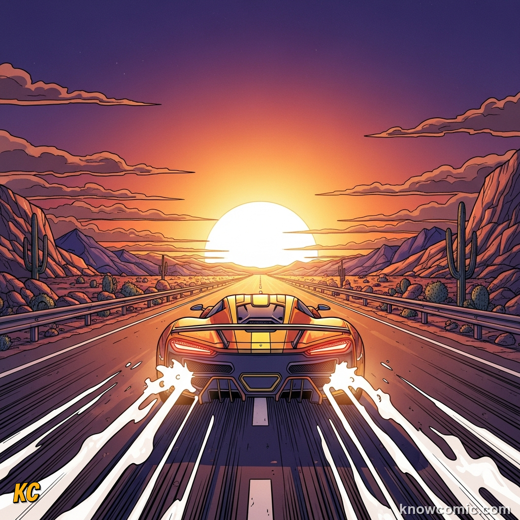 Comic illustration of a sports car on an open road showing a high km/h reading, representing the high end of everyday road speeds while noting that rules and safety are part of the real story