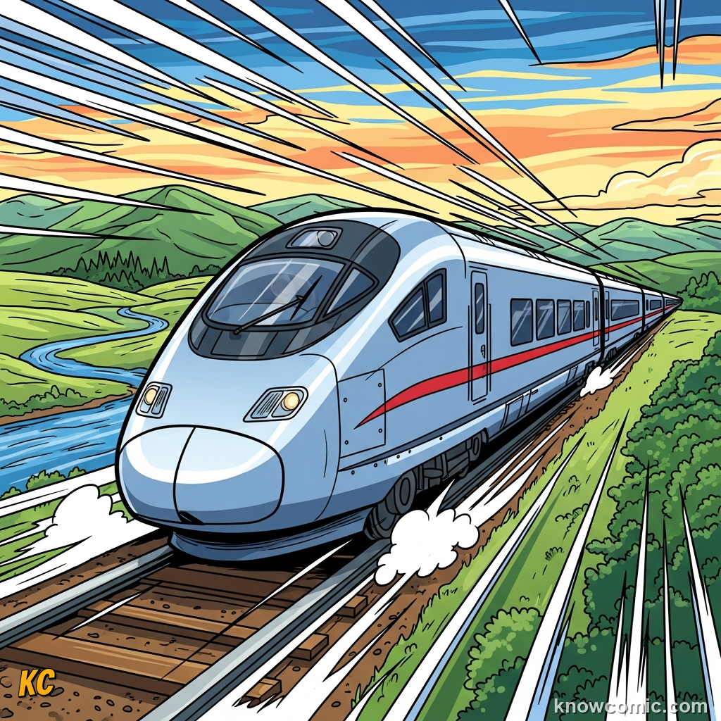 Comic illustration of a high-speed train covering a vast distance per hour, showing how the same speed formula applies at much larger scales than a sprint or bike race