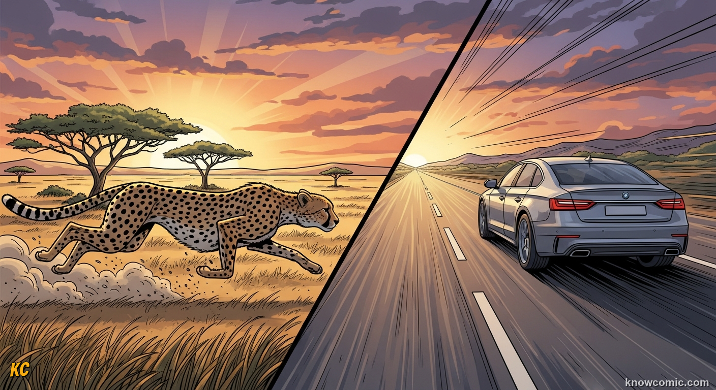 Comic illustration comparing a cheetah sprinting at about 120 km/h alongside a family car on a road, showing that both are distance-over-time stories and must use the same units to be compared fairly