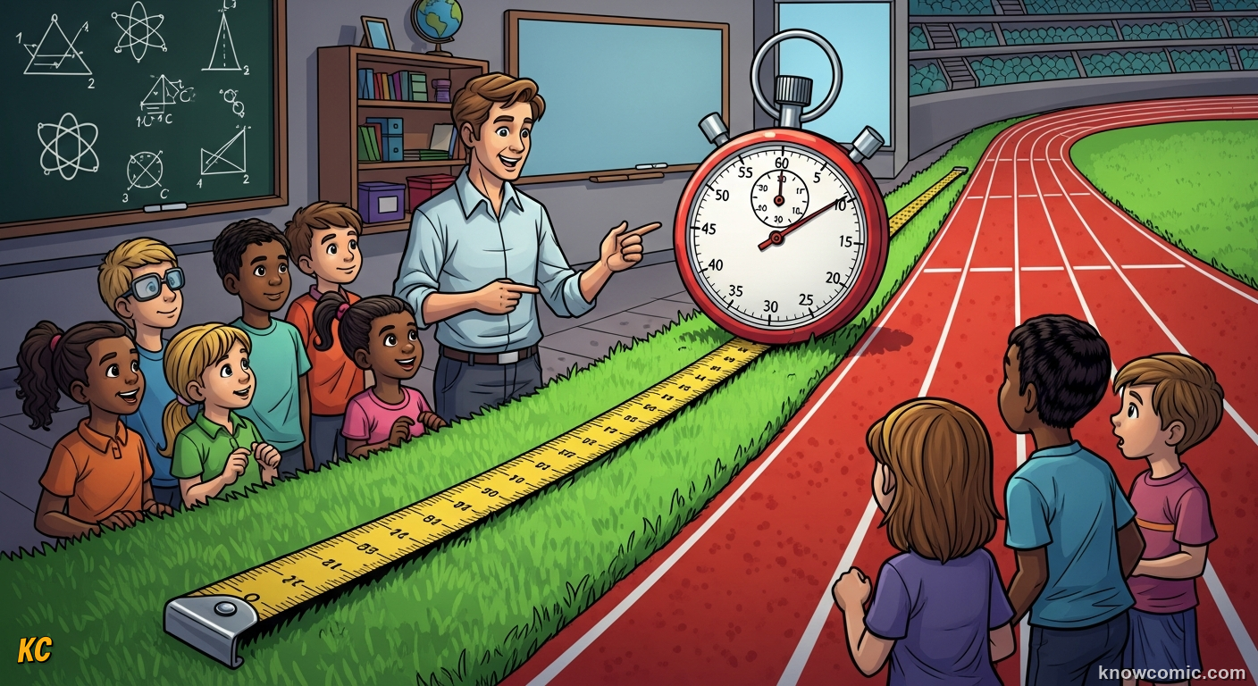 Comic illustration of a student using a measuring tape and stopwatch to measure distance and time for a speed experiment, showing that accurate measurements of both sides of the equation are essential for a reliable result