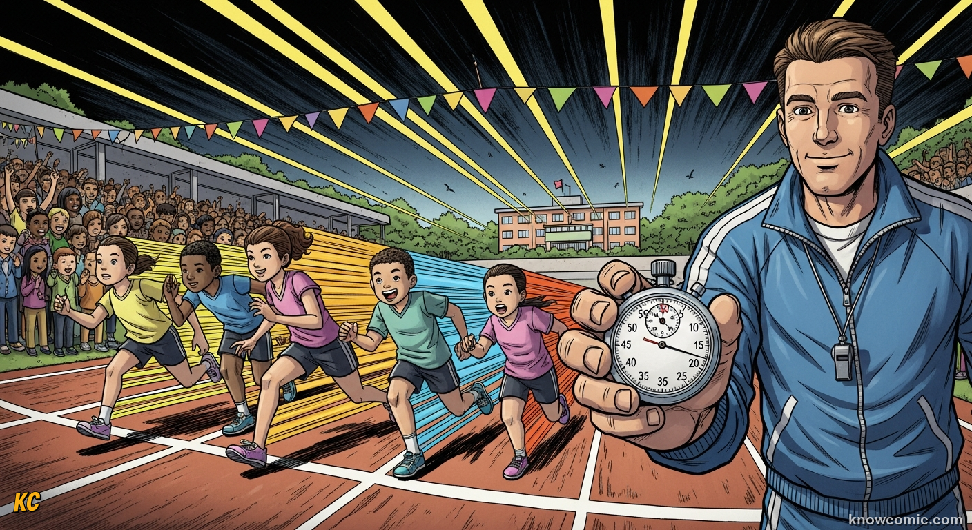 Comic illustration introducing the two ingredients of speed — distance and time — showing a race where the winner is determined by covering the most distance in the least time