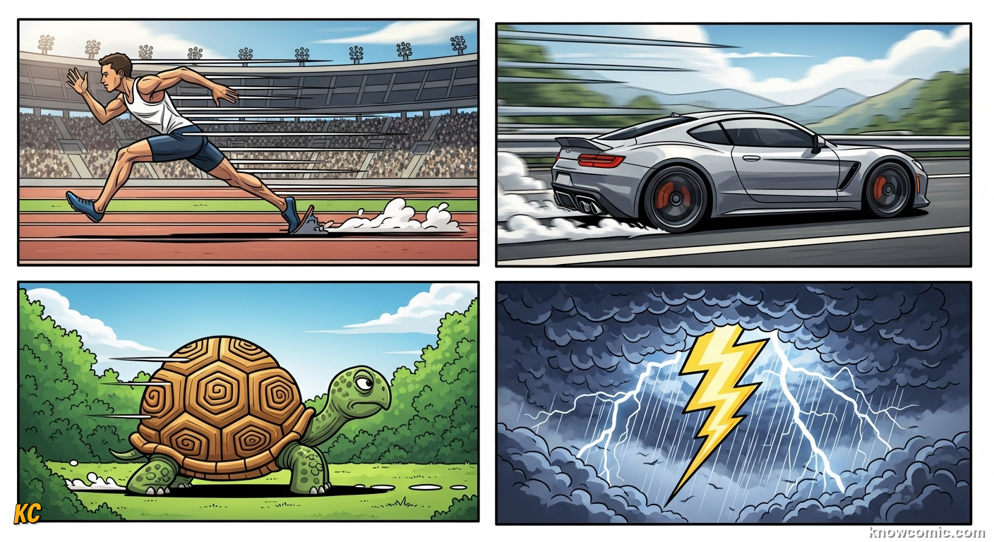 Comic summary illustration showing four speed examples side by side — a snail, a sprinter, a car, and a beam of light — all on the same distance-over-time framework with vastly different numbers