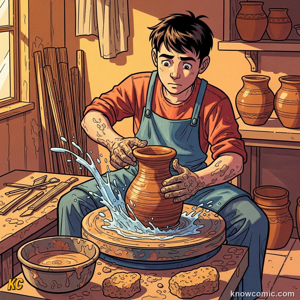 Craftsman spinning clay on a potter's wheel in an ancient workshop