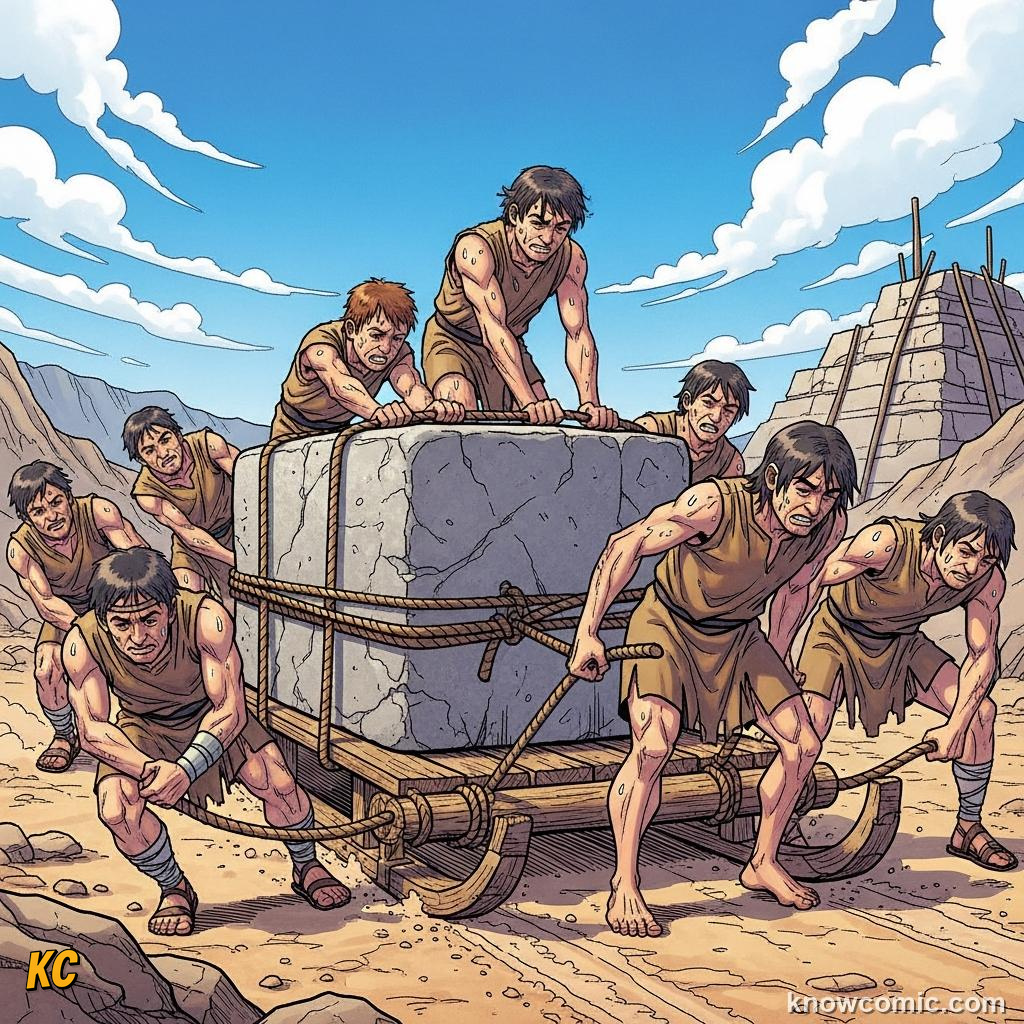Labourers straining with muscle power to move a massive stone block