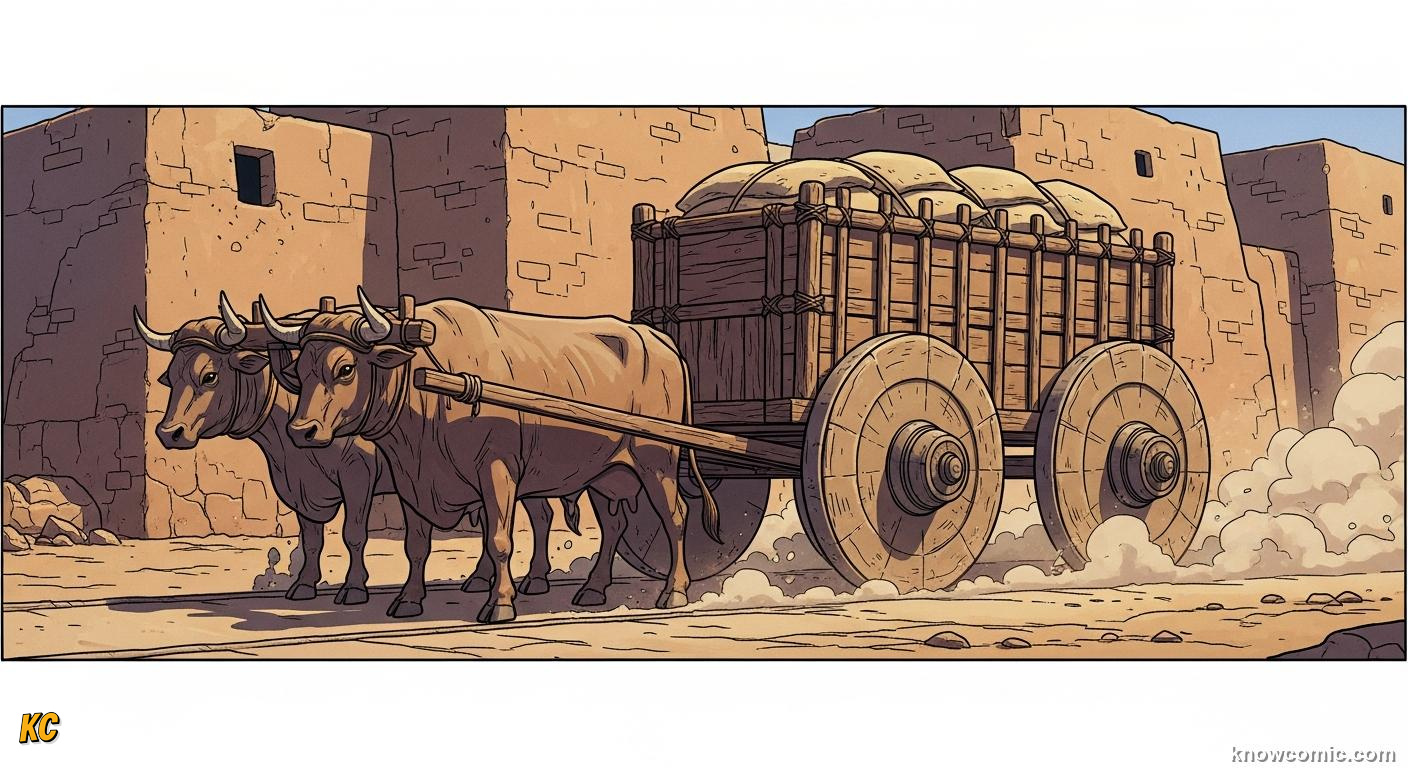 Solid wooden wheel with axle attached to an ox-drawn cart carrying grain