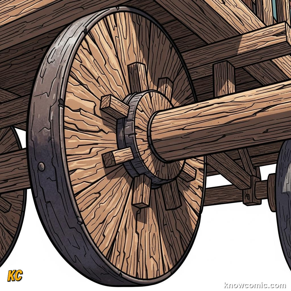 Thick solid wooden disk wheel showing heavy durable construction