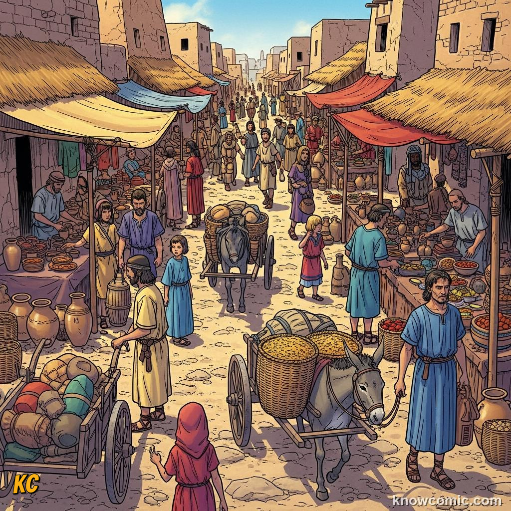 Busy ancient market with wheeled carts bringing goods to traders