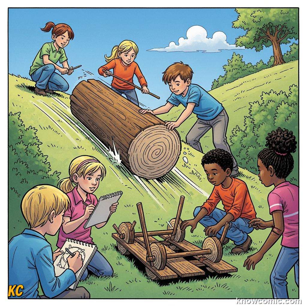 Children rolling wooden hoops and learning about circular motion