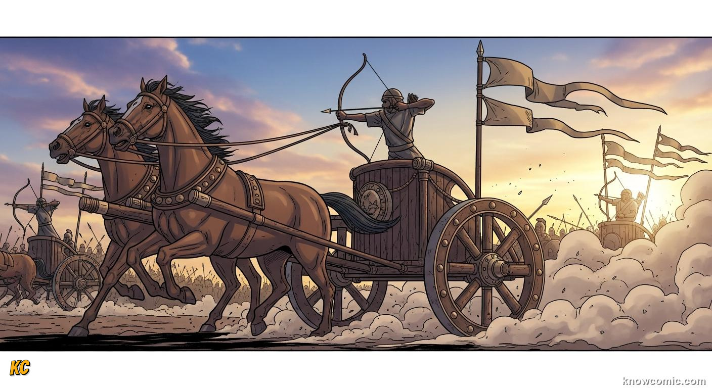 Horse-drawn chariot with spoked wheels charging across a battlefield