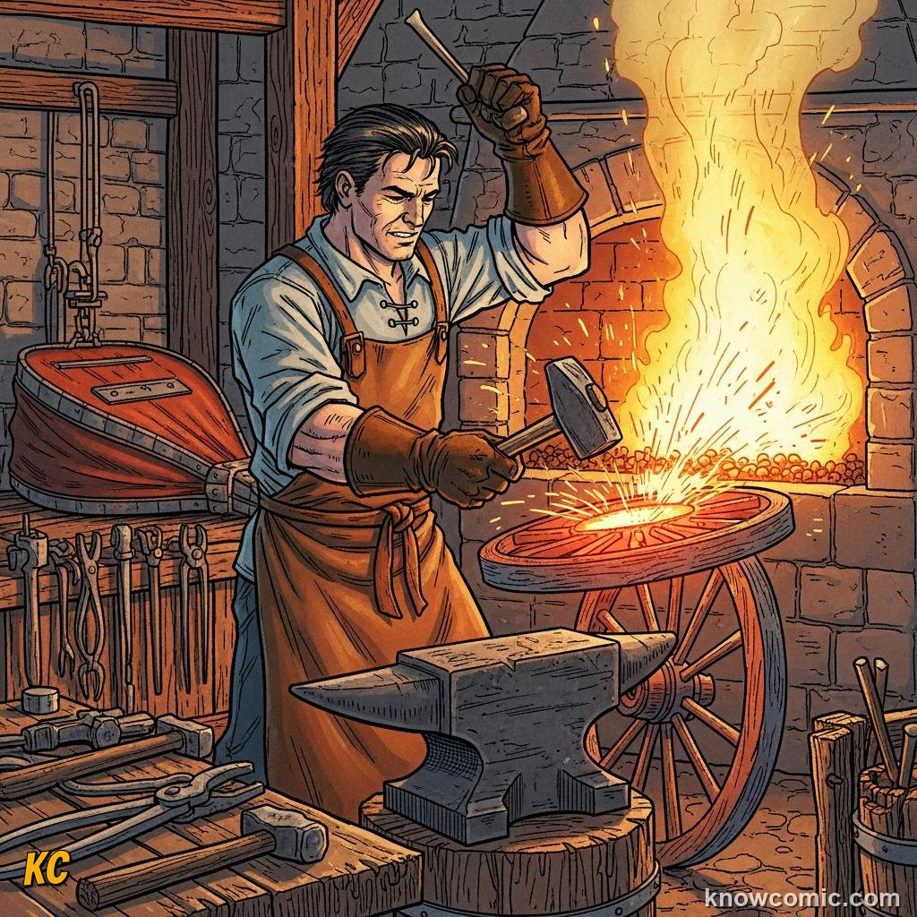 Iron metal rim band fitted tightly around wooden wheel for strength