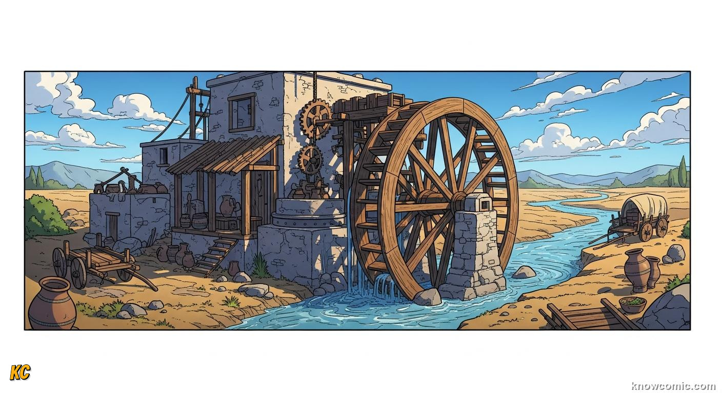 Interlocking gear wheels and watermill machinery converting rotary motion
