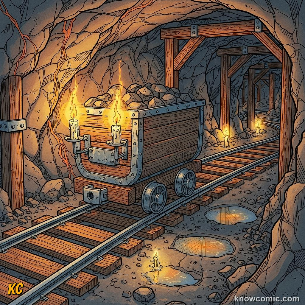 Mine cart rolling down wooden rails carrying ore from underground