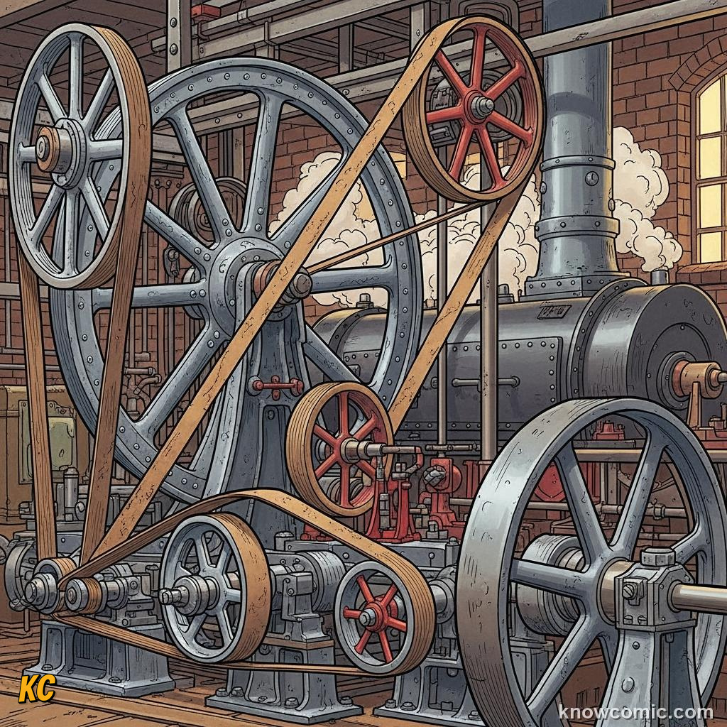 Early steam engine machinery showing the connection to wheel power