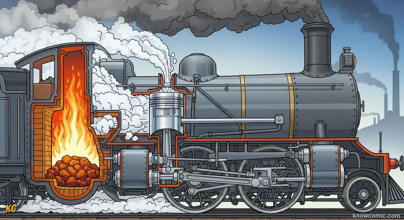Steam locomotive cross-section showing firebox boiler piston and driving wheels