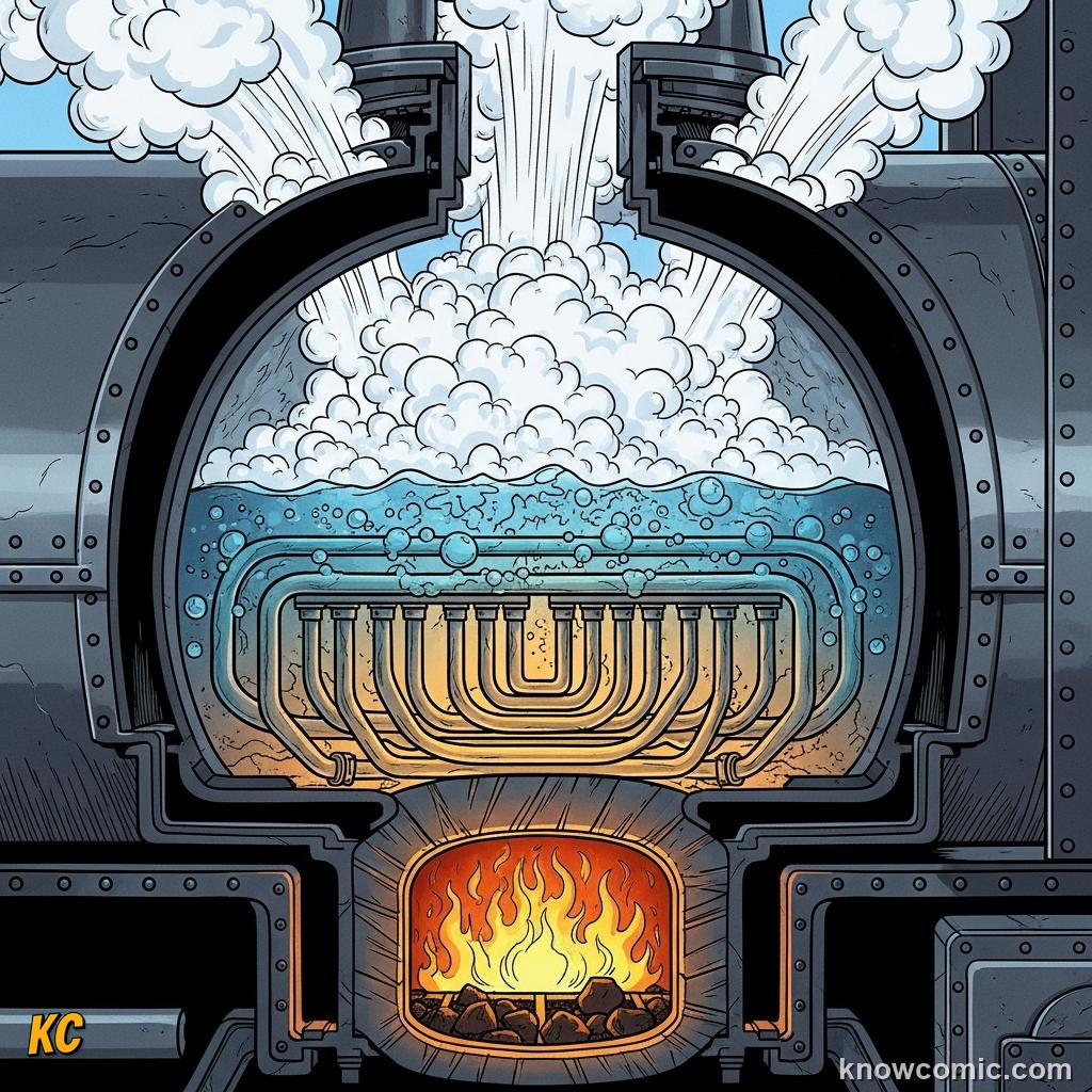 Water boiling vigorously inside a locomotive boiler producing high-pressure steam