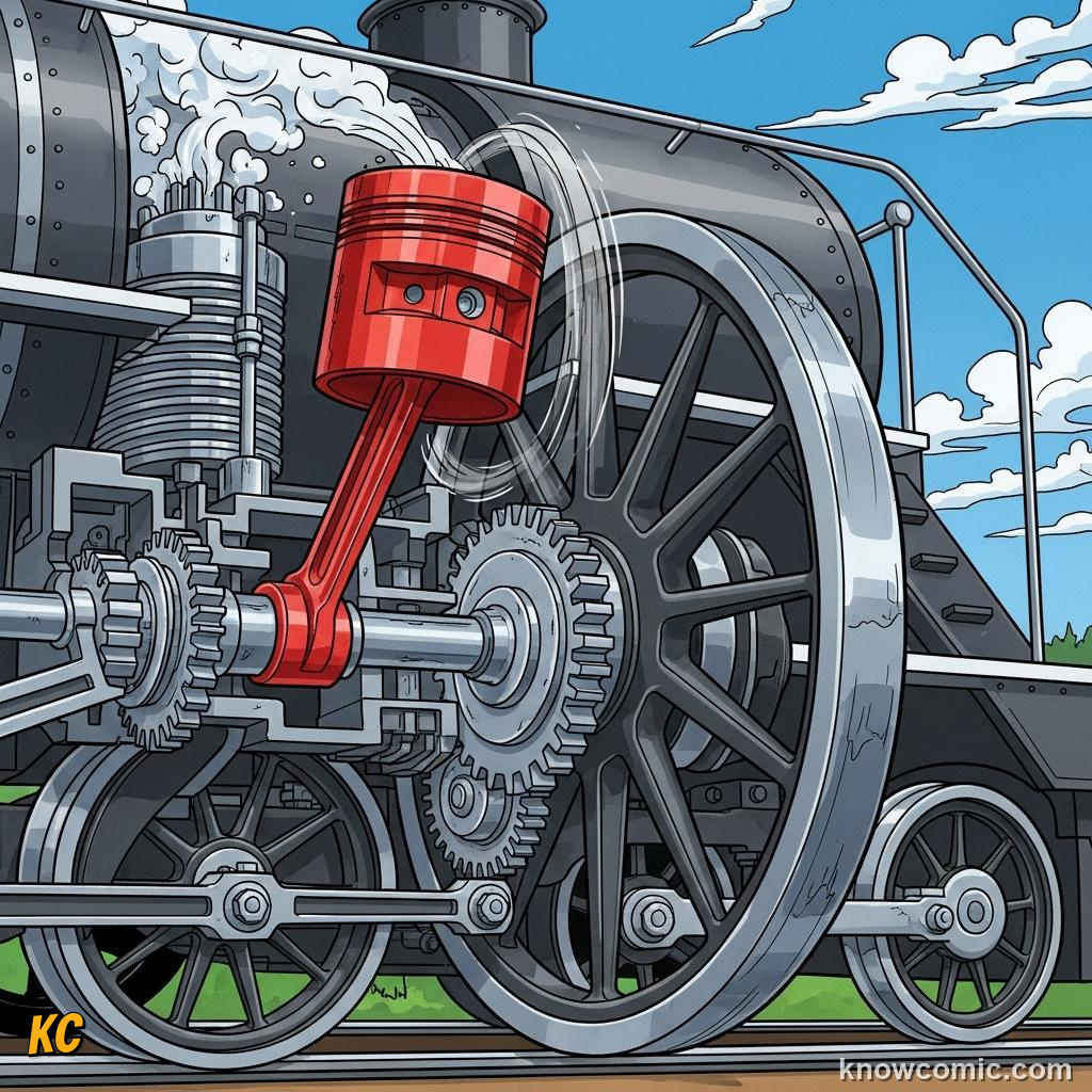 Piston and connecting rods transferring steam power to large driving wheels