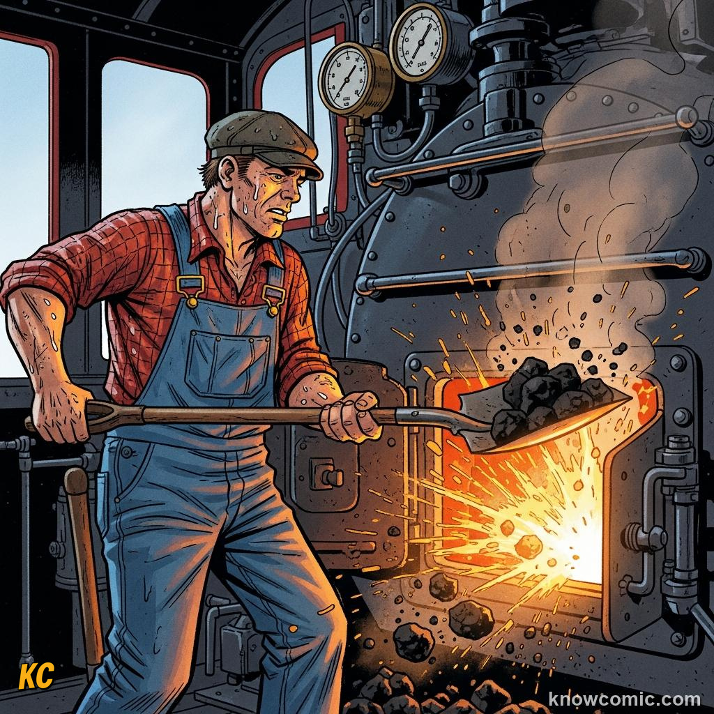 Stoker shovelling coal into a blazing firebox to keep the engine moving