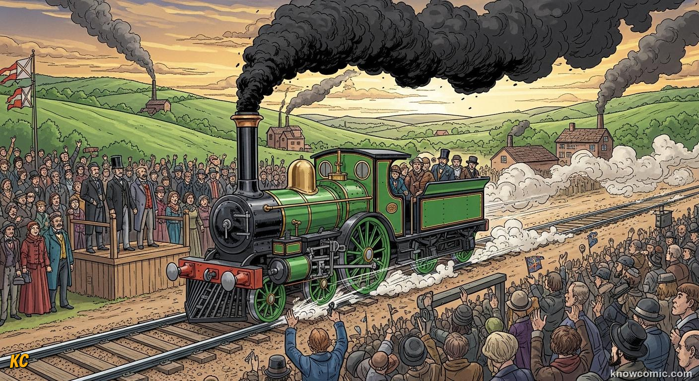 Stephenson Rocket locomotive racing along the track at the 1829 Rainhill Trials