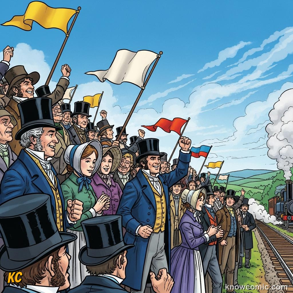 Excited Victorian crowd watching competing locomotives at the Rainhill Trials