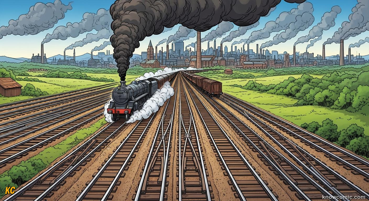 Iron railway network stretching across countryside connecting towns and cities