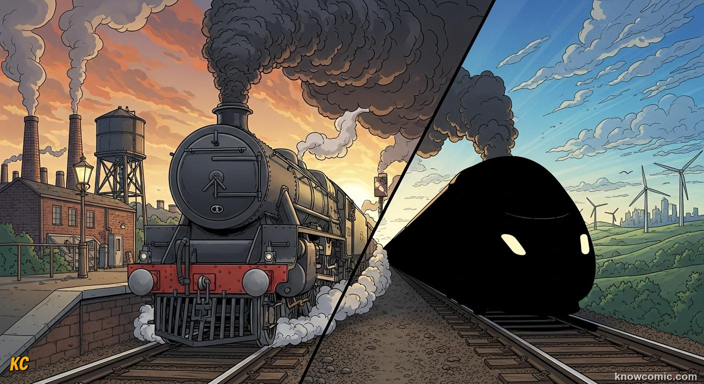 Heritage steam train running alongside modern electric high-speed rail