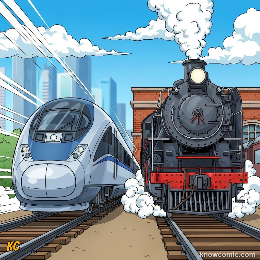 High-speed electric train with overhead wires showing modern railway evolution