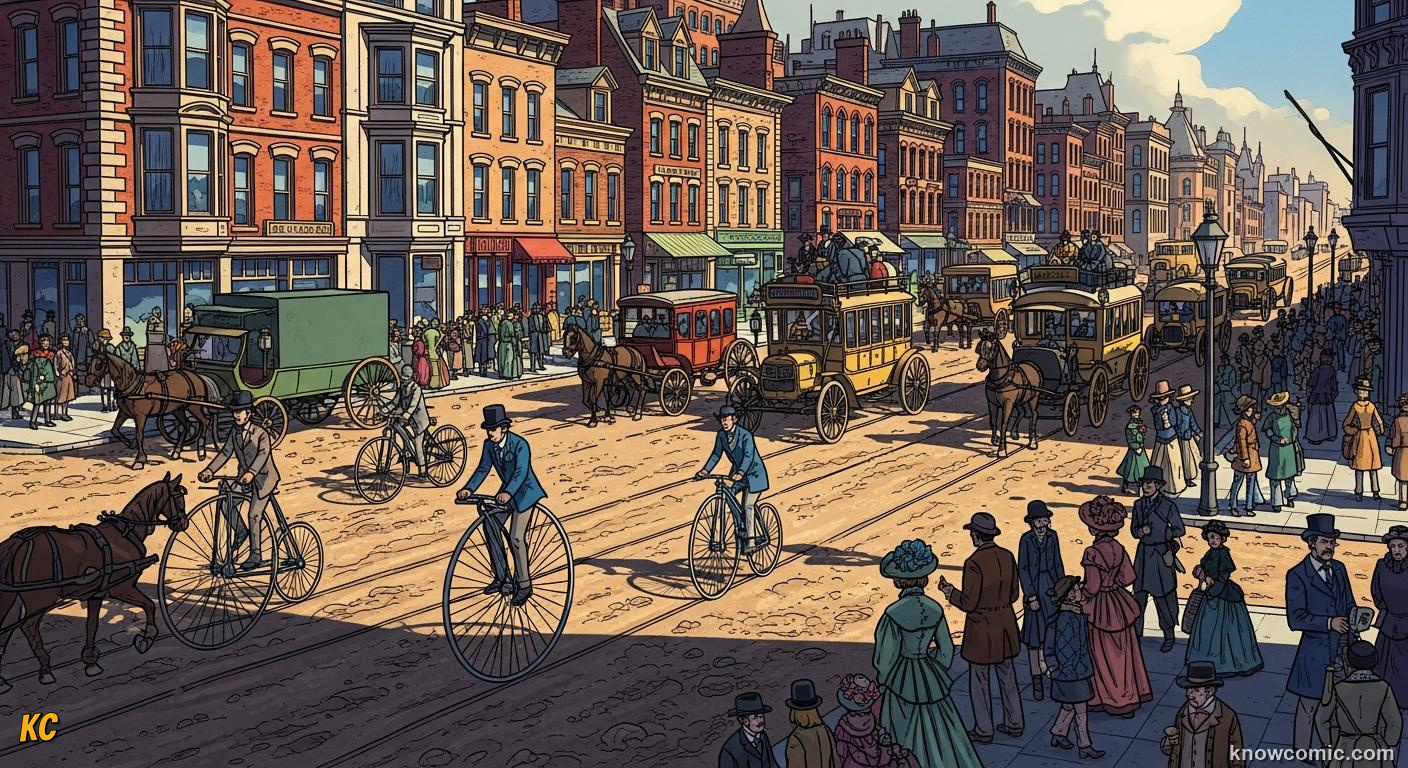 Horses and carriages moving through a busy city street before the automobile era