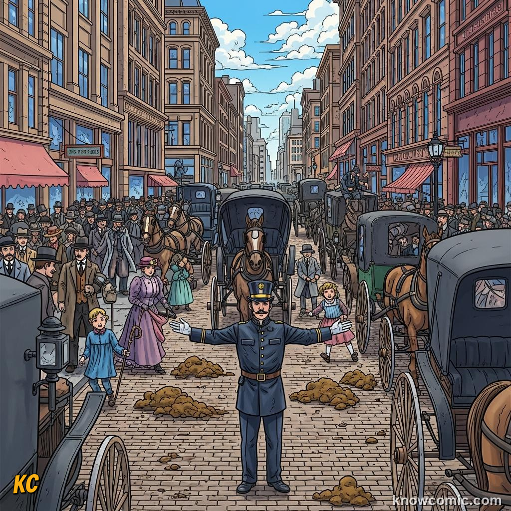 Horse-drawn traffic and manure filling a crowded Victorian city street