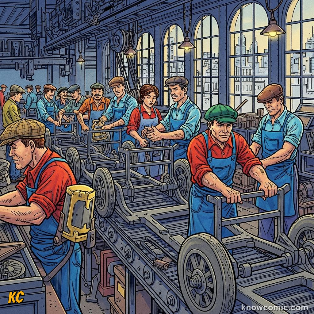 Ford assembly line with workers adding parts to car chassis moving past