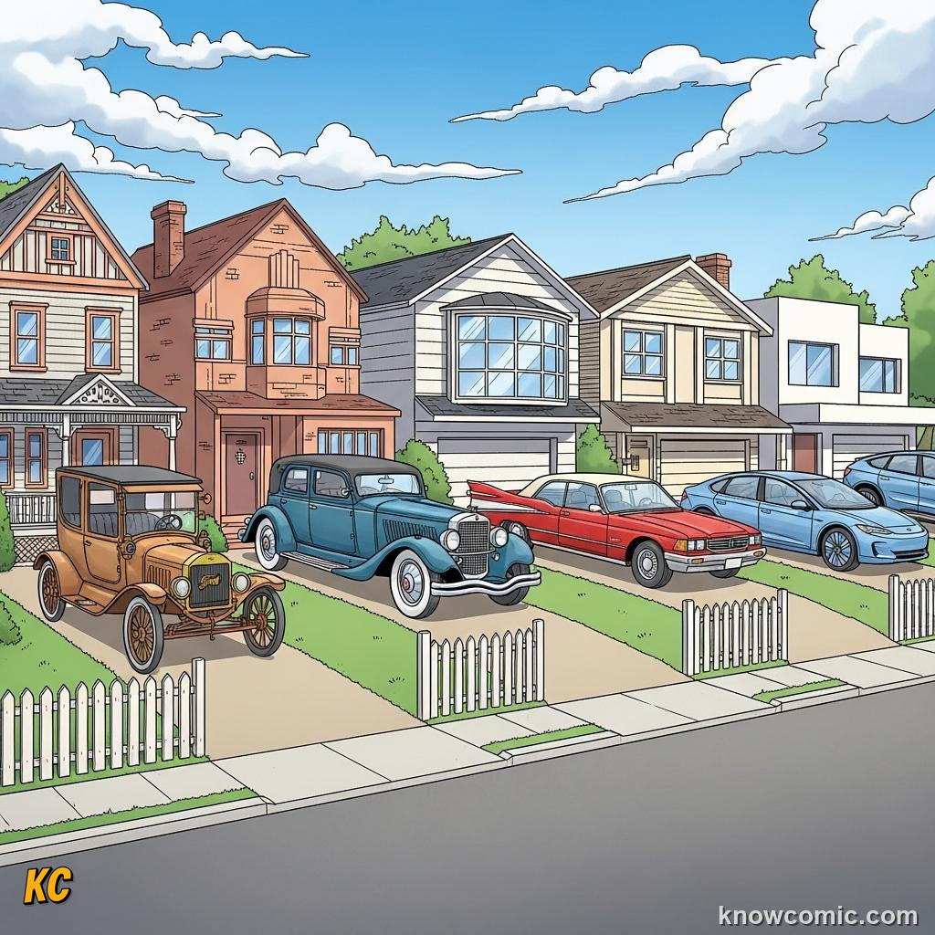 Suburban house with driveway and garage showing car-shaped architecture
