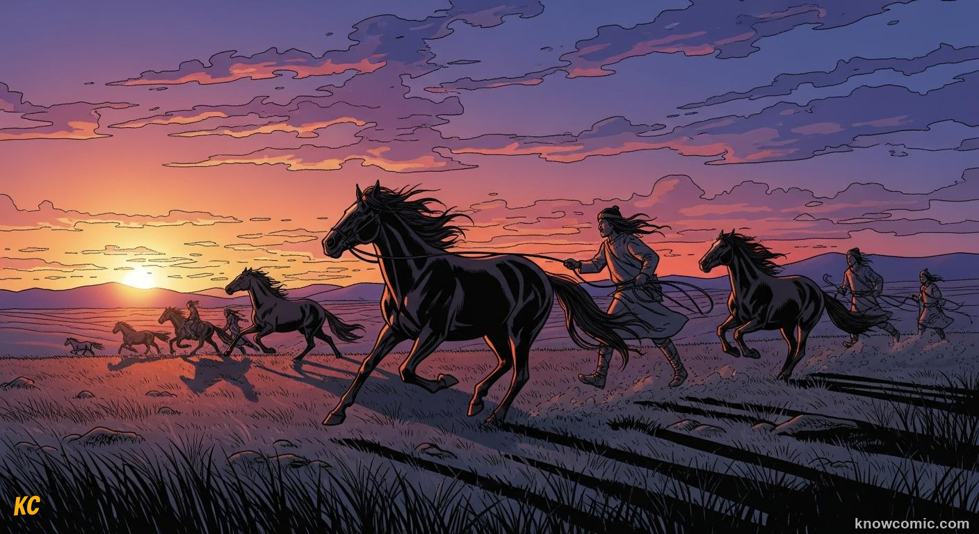 Wild horses galloping across vast Eurasian steppe grasslands before domestication