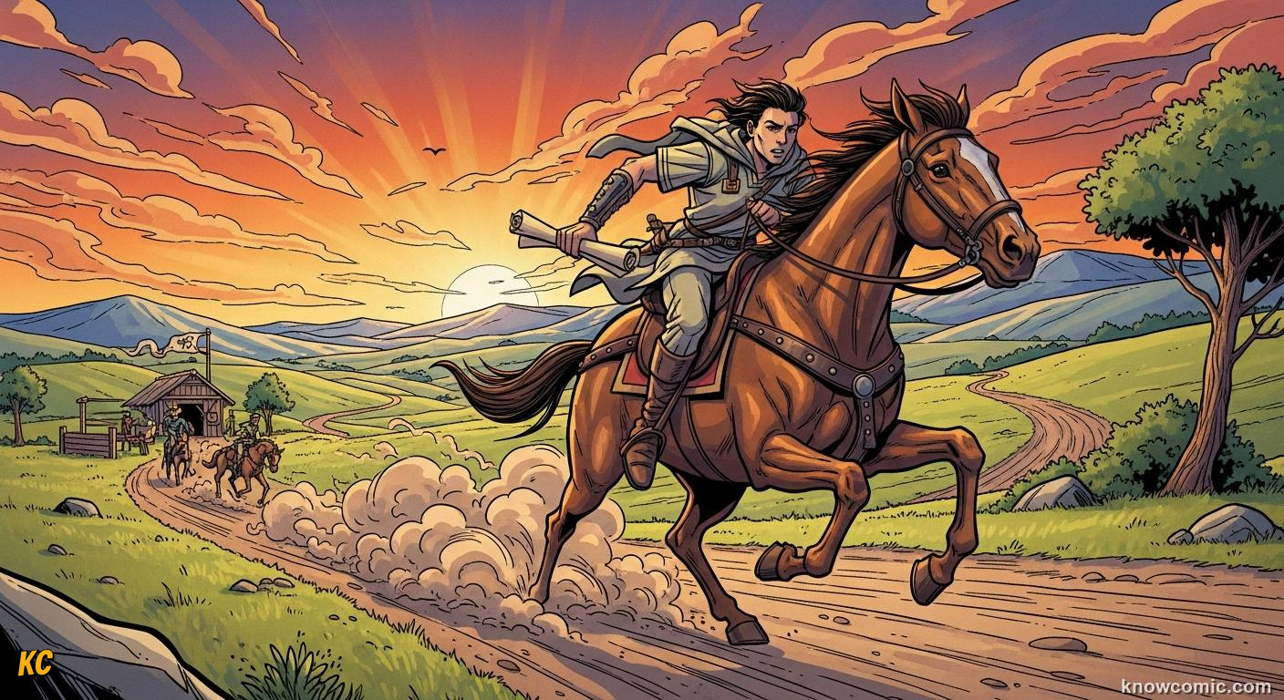 Mounted rider galloping at full speed carrying an urgent message across countryside