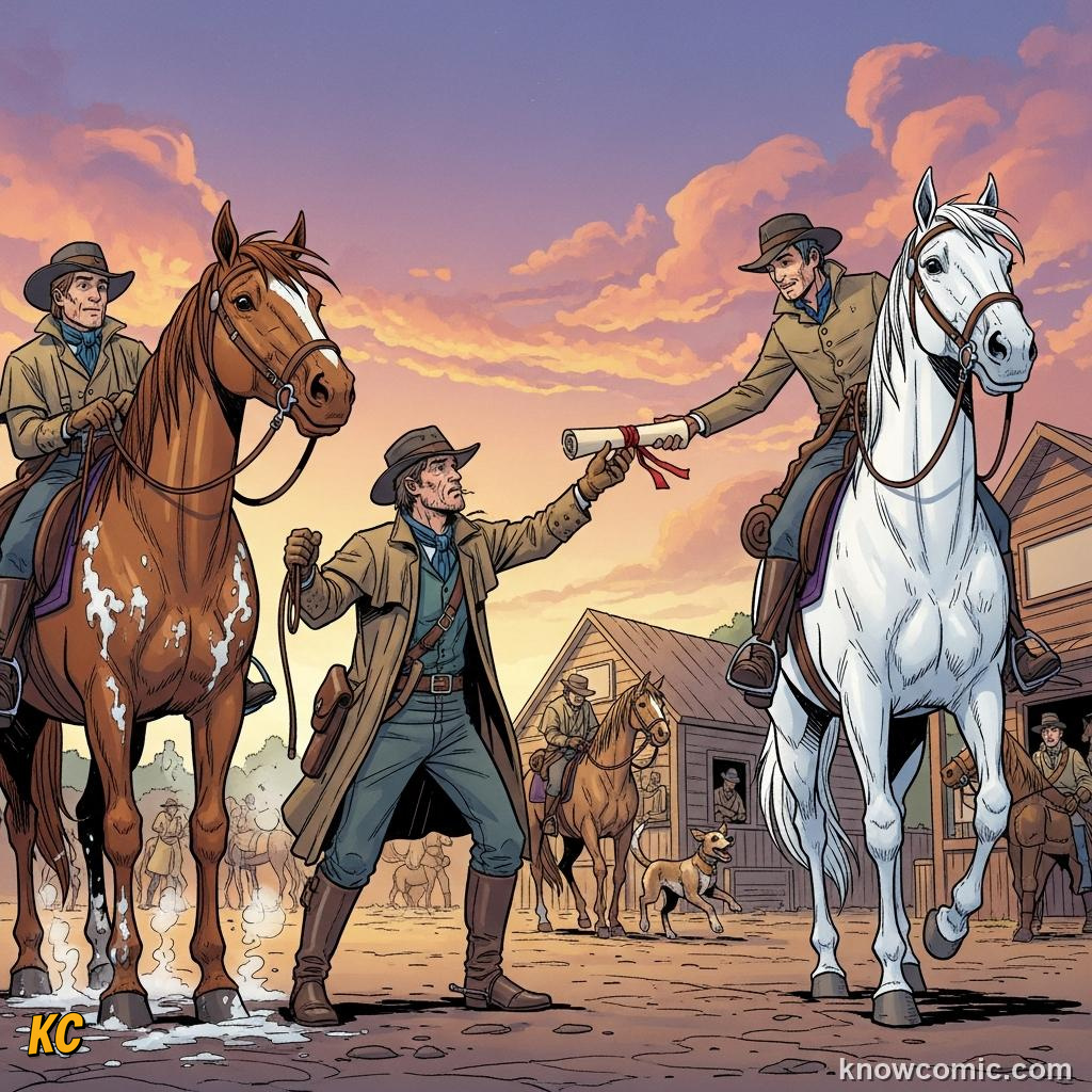 Relay rider swapping to a fresh horse at a post station to maintain message speed