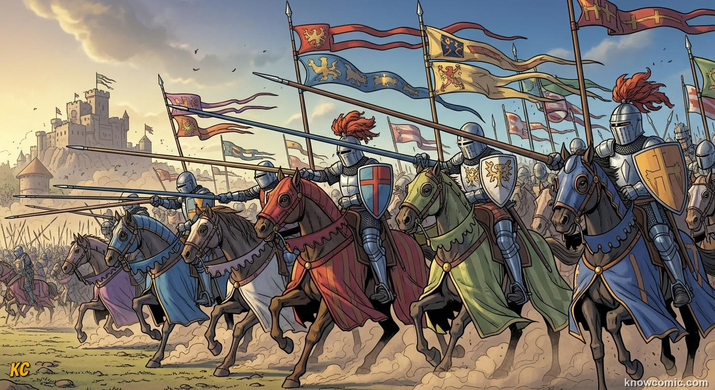 Cavalry charge with armoured knights and horses thundering across a battlefield