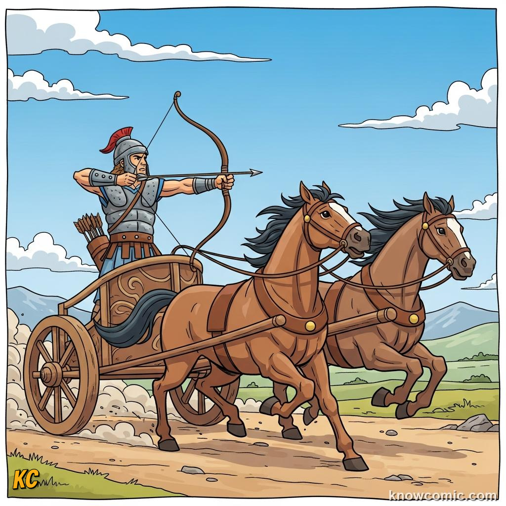 Ancient chariot with spoked wheels pulled by two horses in controlled formation